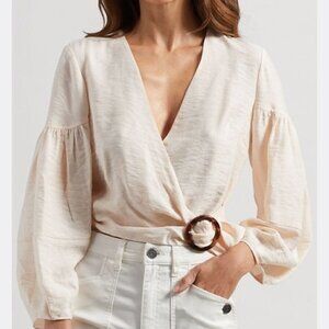 Joie Cream Wrap Blouse with Tortoiseshell Ring